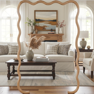 Sunvega Natural Wood Wavy Rectangle Solid Wood Frame Decorative Mirror For Any Room