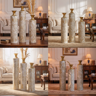 Sunvega Gilded White 3D Relief Flower Metal Cylinder Vase Set for Home Décor