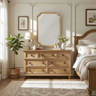 Sunvega Yellowish Brown Solid Wood Frame Rounded Corner Decorative Mirror for Bathroom Bedroom