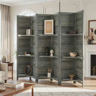 Sunvega 6 Panel Folding Privacy Screen with Removable Shelves and Hinged Design