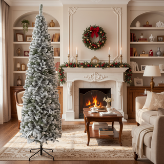 Sunvega Pencil Artificial Xmas Tree with Faux Snow Flocked Full Branch Tips Flame-retardant