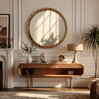 Sunvega 32 Inch Round Hanging Wall Mirror with Natural Wooden Bead Frame
