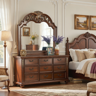 Sunvega Cherry Nightstand with Three Easy Glide Drawers and Velvet Lining