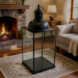 Sunvega Black Metal Lantern with Glass Panels and Square Base 20 Inch Tall