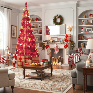 Sunvega 6FT Red Pop-Up Pre-Lit Christmas Tree with 150 Warm White LED Lights