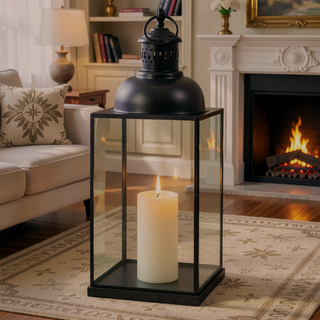 Sunvega Black Metal Lantern with Glass Panels and Square Base 20 Inch Tall