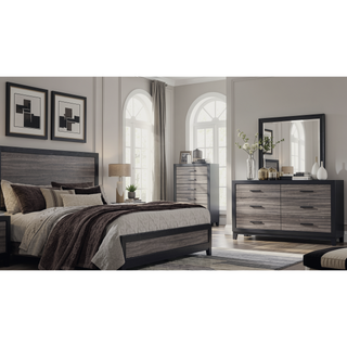 Sunvega Two-Tone Dark Gray and Black Queen Size Bed with Wood Inlay