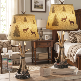 Sunvega Rustic Antler Table Lamps Set of 2 with USB Ports and Touch Dimmable