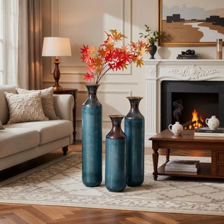 Sunvega Torch-Fired Metal Vases Set of 3 with Gradient Blue Rustic Finish for Farmhouse