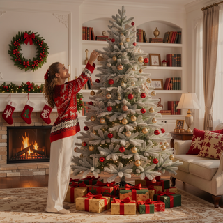 Sunvega Pencil Artificial Xmas Tree with Faux Snow Flocked Full Branch Tips Flame-retardant