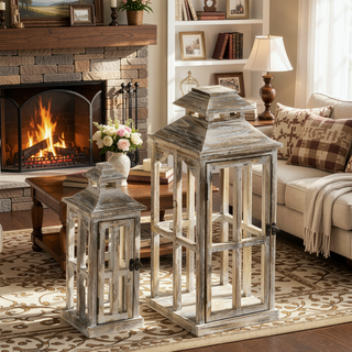 Sunvega Natural Fir Wood Rustic Lantern Decor Set with Two Sizes for Indoor and Outdoor