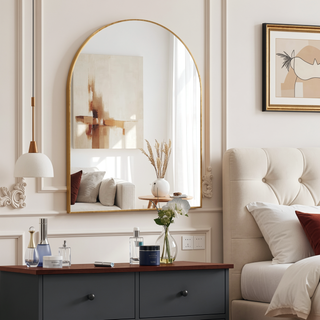Sunvega 30x40 Inch Gold Metal Framed Arched Mirror with Shatterproof Film