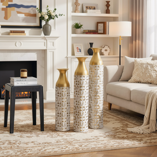 Sunvega Gilded White 3D Relief Flower Metal Cylinder Vase Set for Home Décor