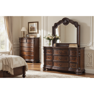 Sunvega Traditional Style Wood Frame Mirror with Elegant Carvings in Walnut Finish