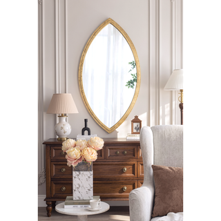 Sunvega Hexagon Wood Frame Wall Mirror with Leather for Entryway Living Room