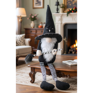 Sunvega Handcrafted 4.3x4x26.8 Inch Fabric Sitting Black Gnome With Broomstick
