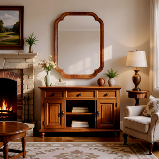 Sunvega Yellowish Brown Solid Wood Frame Rounded Corner Decorative Mirror for Bathroom Bedroom