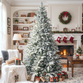 Sunvega Snow Flocked Artificial Christmas Tree with Foldable Metal Stand and Flame Retardant Branches