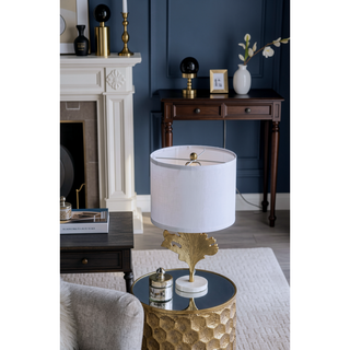 Sunvega Gold and White Leaf Design Table Lamp with Marble Base and Fabric Shade