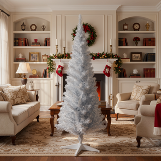 Sunvega Pencil Artificial Xmas Tree with Faux Snow Flocked Full Branch Tips Flame-retardant