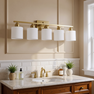Sunvega Gold Vanity Light Fixture with Milky White Glass Shade for Mirror Bathroom