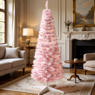 Sunvega Pencil Artificial Xmas Tree with Faux Snow Flocked Full Branch Tips Flame-retardant