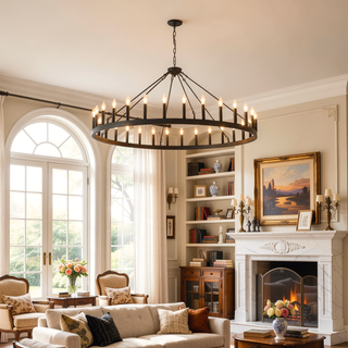 Sunvega Matte Black Wagon Wheel Chandelier With 30 Light for Dining Room