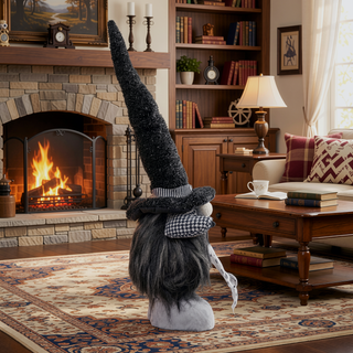 Sunvega Handcrafted 4.3x4x26.8 Inch Fabric Sitting Black Gnome With Broomstick