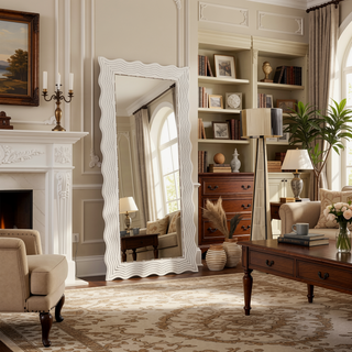 Sunvega Hand-Finished Distressed White Wood Mirror with Wavy Frame Edge 36x72 Inch