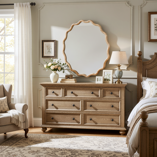Sunvega Natural Wood Wavy Round Solid Wood Frame Decorative Mirror for Bedroom Bathroom