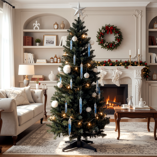 Sunvega Pencil Artificial Xmas Tree with Faux Snow Flocked Full Branch Tips Flame-retardant