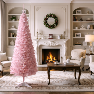 Sunvega Pencil Artificial Xmas Tree with Faux Snow Flocked Full Branch Tips Flame-retardant