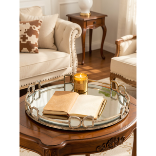 Sunvega Valentina Silver Round Mirror Tray with Distressed Frame for Tabletop Decor