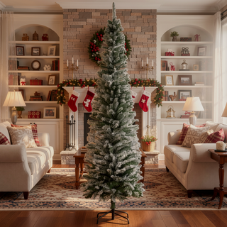 Sunvega Pencil Artificial Xmas Tree with Faux Snow Flocked Full Branch Tips Flame-retardant
