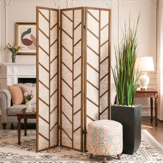 Sunvega Walnut and Linen Foldable 3-Panel Screen with Feather Motif for Room Divider