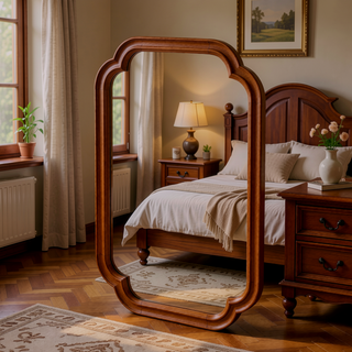 Sunvega Solid Wood Frame Rounded Corner Decorative Mirror for Bedroom Bathroom Living Room