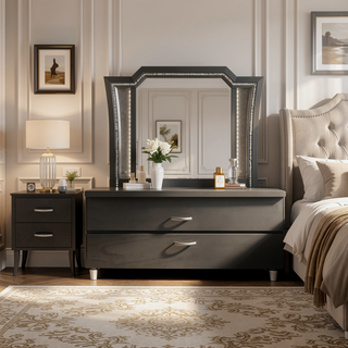 Sunvega Kaitlyn Metallic Gray Finish Wood Nightstand with Two Drawers and Crystal Trim