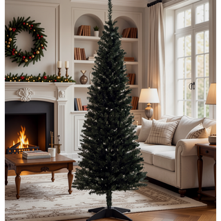 Sunvega Pencil Artificial Xmas Tree with Faux Snow Flocked Full Branch Tips Flame-retardant