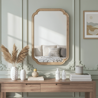 Sunvega Solid Wood Frame Rounded Corner Decorative Mirror for Bedroom Bathroom Living Room