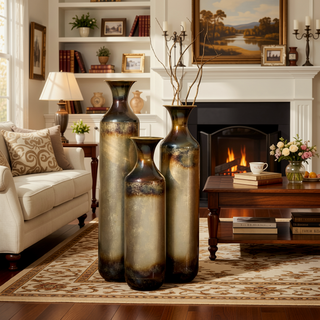 Sunvega Torch-Fired Metal Vases Set of 3 with Gradient Blue Rustic Finish for Farmhouse