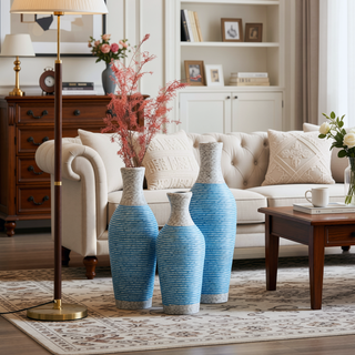 Sunvega Hand-Woven PVC Rattan Vases Set of 3 Brown Farmhouse Floor Decor