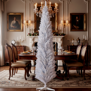 Sunvega Pencil Artificial Xmas Tree with Faux Snow Flocked Full Branch Tips Flame-retardant
