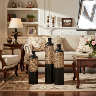Sunvega Gilded White 3D Relief Flower Metal Cylinder Vase Set for Home Décor
