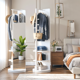 Sunvega 360° Rotating Full Length Mirror with Hook Storage Coat Rack Solid Wood Floor Mirror