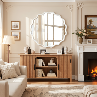 Sunvega Natural Wood Wavy Round Solid Wood Frame Decorative Mirror for Bedroom Bathroom