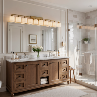 Sunvega Gold Vanity Light Fixture with Milky White Glass Shade for Mirror Bathroom