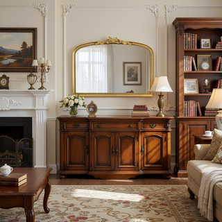 Sunvega Baroque Gold Arched Full Length Mirror with Scrollwork Crown for Living Room
