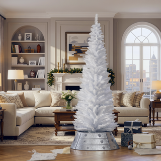 Sunvega Pencil Artificial Xmas Tree with Faux Snow Flocked Full Branch Tips Flame-retardant