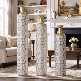 Sunvega Gilded White 3D Relief Flower Metal Cylinder Vase Set for Home Décor