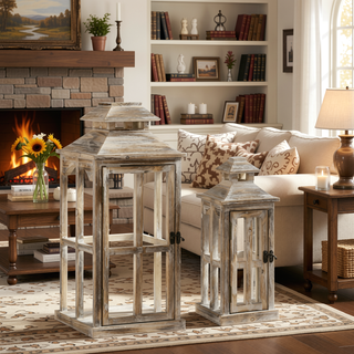 Sunvega Natural Fir Wood Rustic Lantern Decor Set with Two Sizes for Indoor and Outdoor